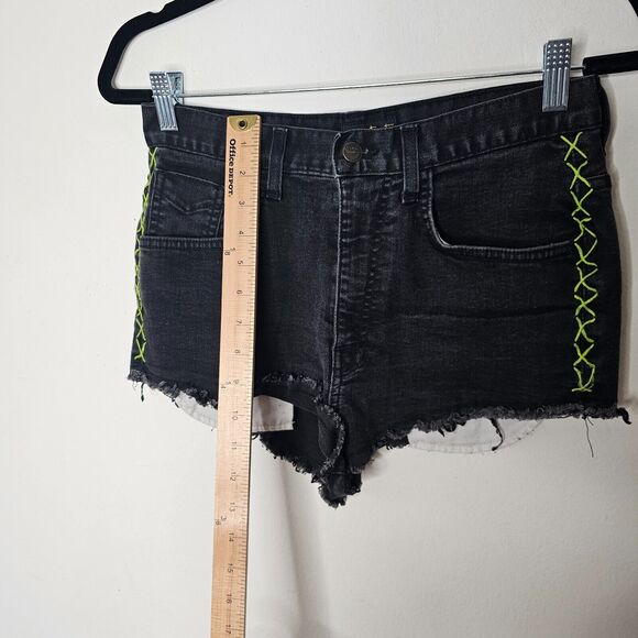 Vans Jesse Jo Black Distressed Raw Hem High Waist Short Lime-Green Side Stitch 9 - Picture 5 of 10